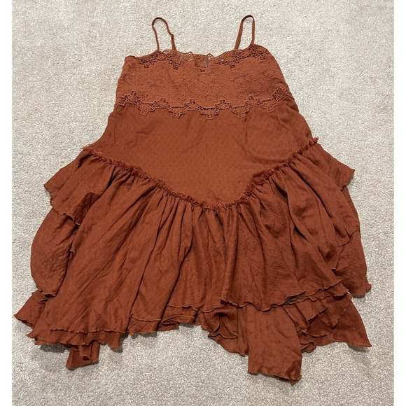 Free People Size S Burnt Orange Tiered Lace Mini Dress - Picture 1 of 6